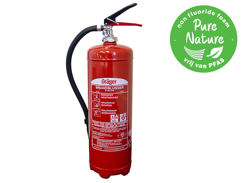 SG00108 Dräger Foam Extinguisher PFAS free 9 liter AB (stored pressure) The foam extinguisher is a (PFAS) fluorine-free foam extinguisher and is a multipurpose fire extinguisher for liquid and solid fires.