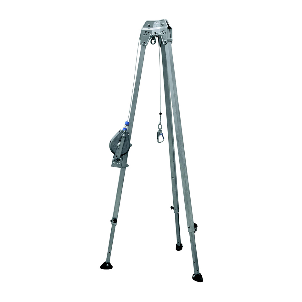 SG04201 Rescue Tripod, aluminium Aluminium rescue tripod with adjustable legs. This aluminium rescue tripod is designed for rapid set up to be used with a Bracket Assembly on the rescue tripod leg and a Pulley Wheel complete with karabiner, so an Fall Arrest Block can be used.